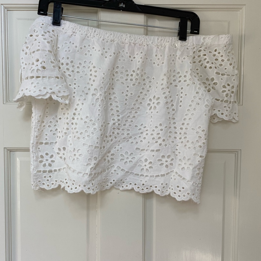 Skies are blue white eyelet off the shoulder top